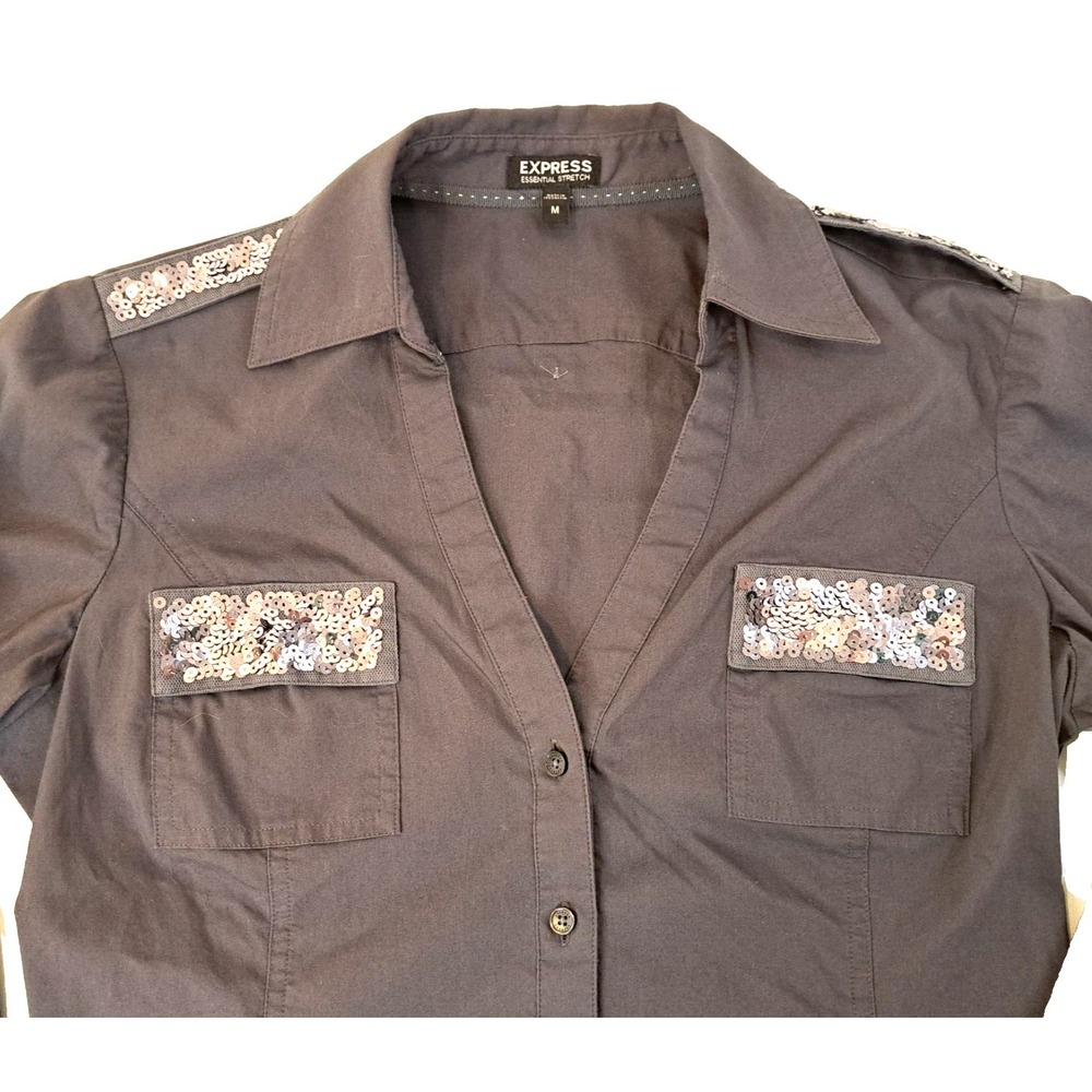 Express Essential Stretch Women's M Dark Gray Fitted‎ Shirt Gold Silver Sequins